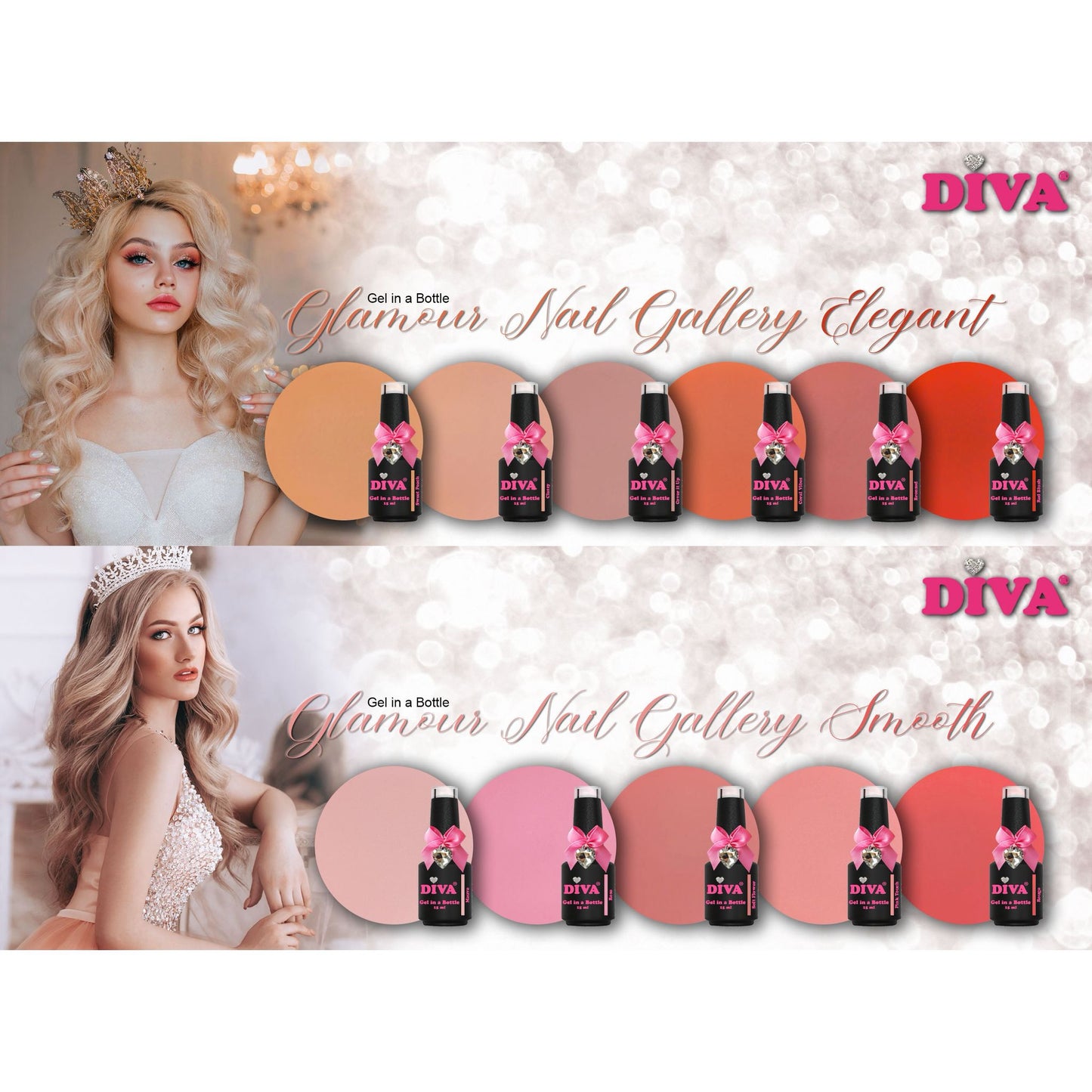 DIVA Gel in a Bottle Glamour Nail Gallery Elegant&Smooth Collection - 11x 15 ml met gratis Fineliner - Beauty by Wenn