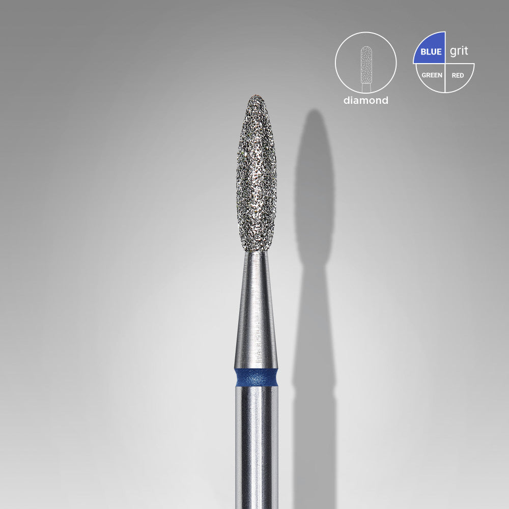 Alezori diamanten freesbit in vlamvorm met blauwe markering, kopdiameter 2.1mm voor nagelfrees.