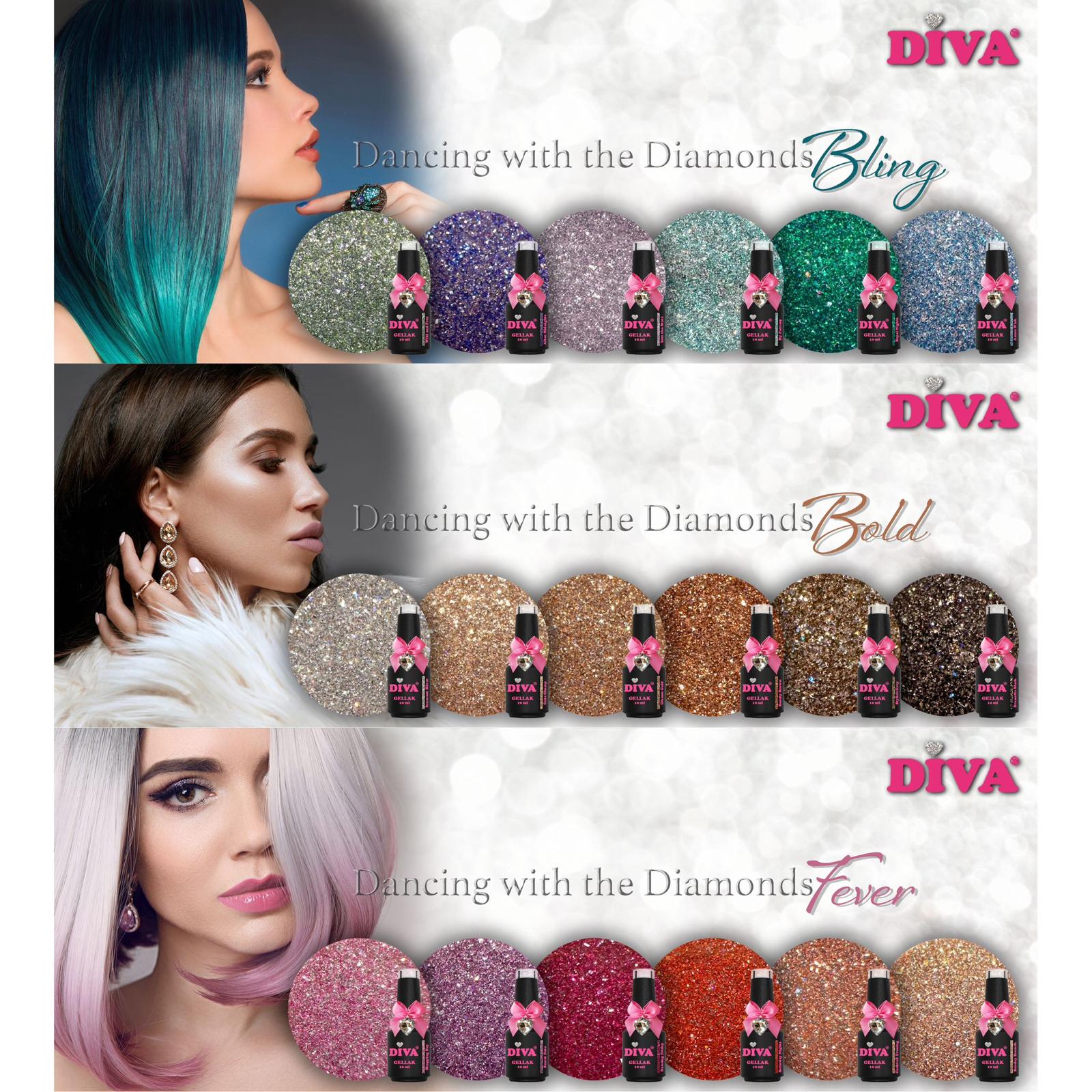 DIVA Gellak Dancing with the Diamonds BLING, BOLD en FEVER Collection 18x 10 ml + gratis Fineliner - Beauty by Wenn
