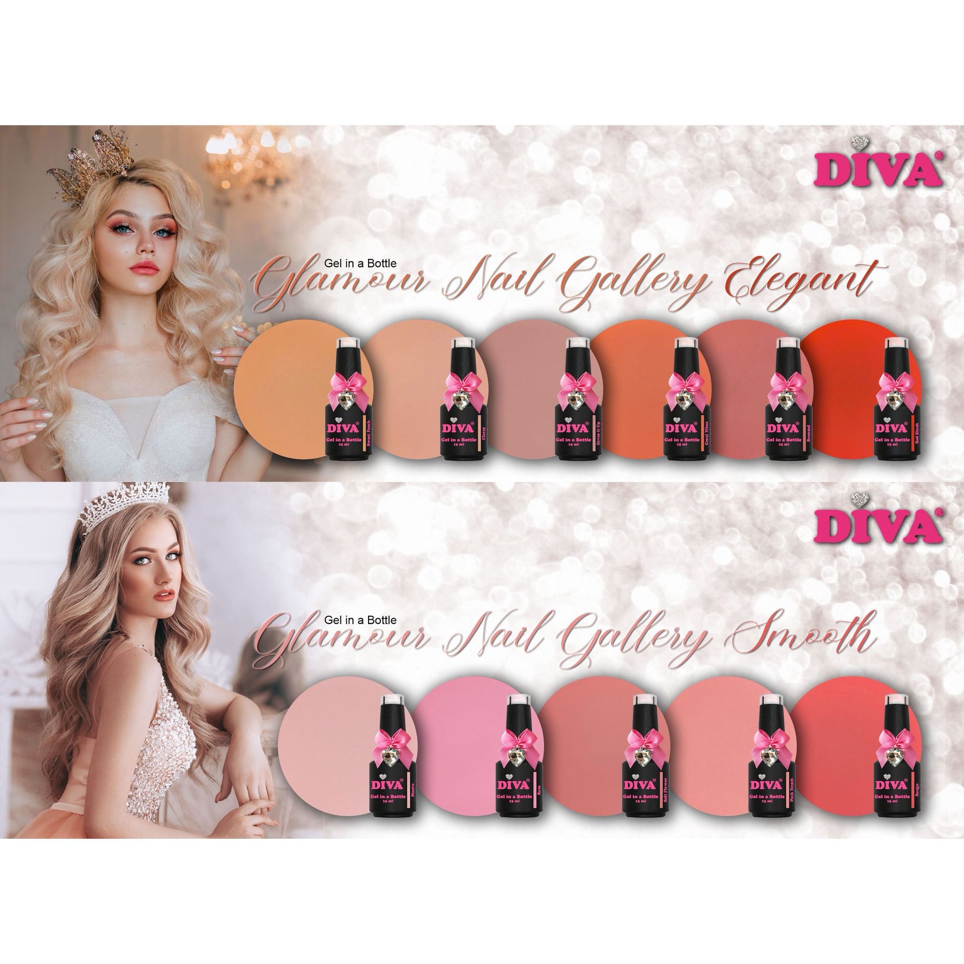 DIVA Gel in a Bottle Glamour Nail Gallery Elegant&Smooth Collection - 11x 15 ml met gratis Fineliner - Beauty by Wenn